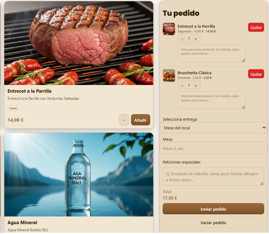 Carta digital con espacio para notas y anotaciones en productos