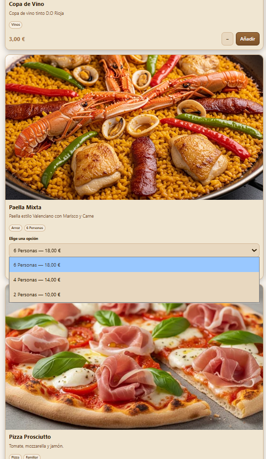 Menú QR para restaurantes con variables de productos como tamaños y extras