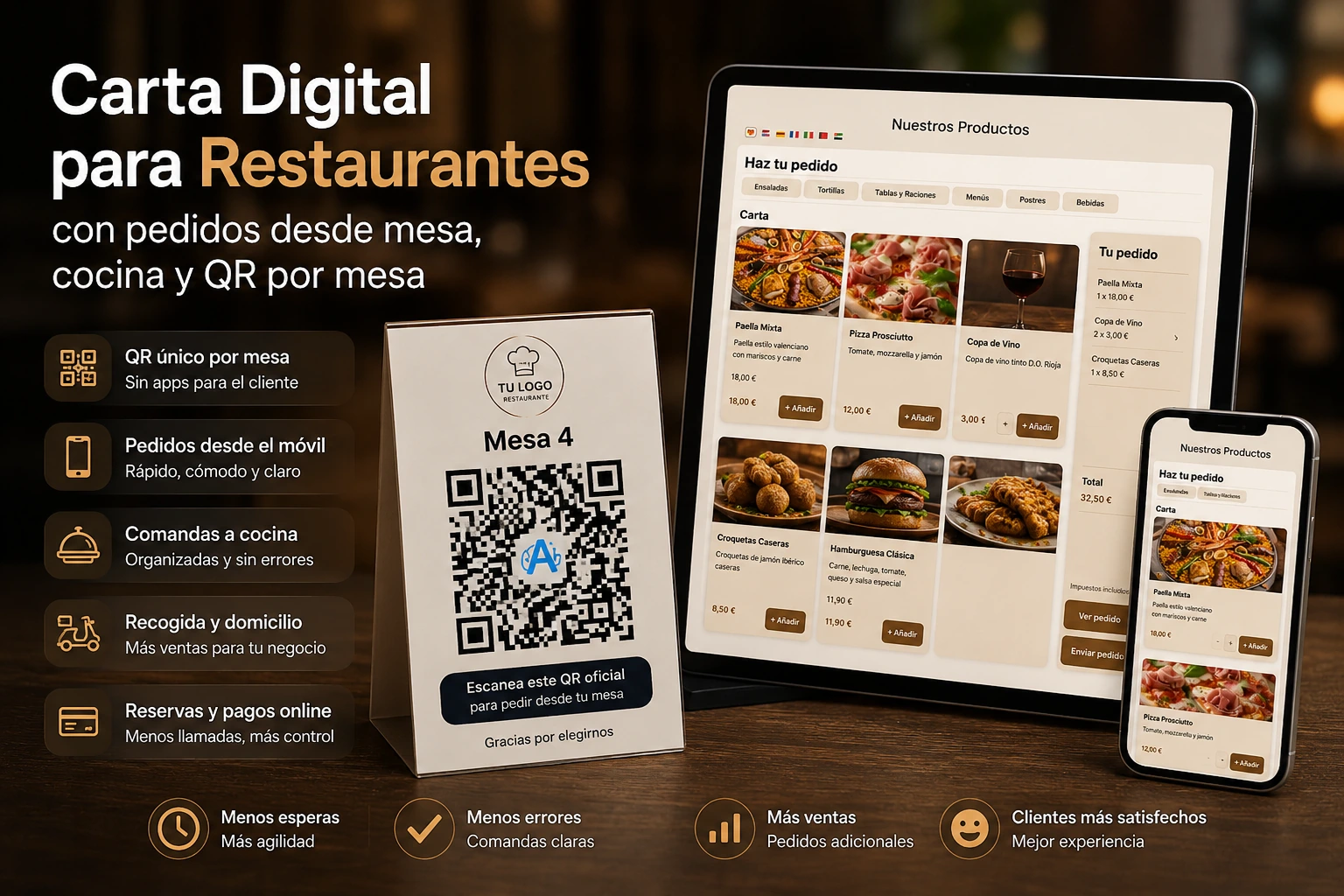 Carta digital para restaurantes adaptada a móvil, tableta y ordenador con QR por mesa